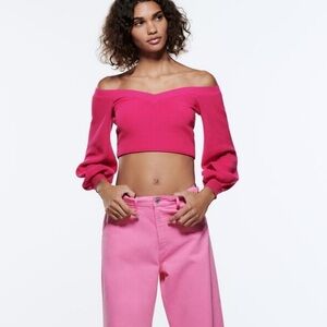 ZARA pink baloon sleeve cropped sweater NWT